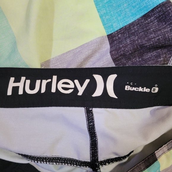 Hurley Buckle Gray Blue Green Logo Pattern Board Shorts Approx. Size 36 - Picture 5 of 5
